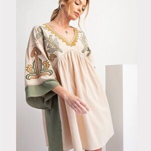 Easel BOHO EMBROIDERED 100% Cotton WOVEN DRESS V-Neck Dress in beige and olive